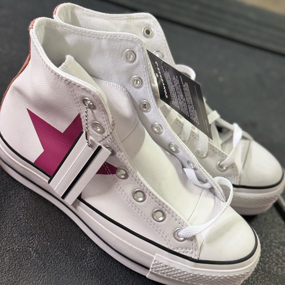 White and Pink Star High-Top Sneakers